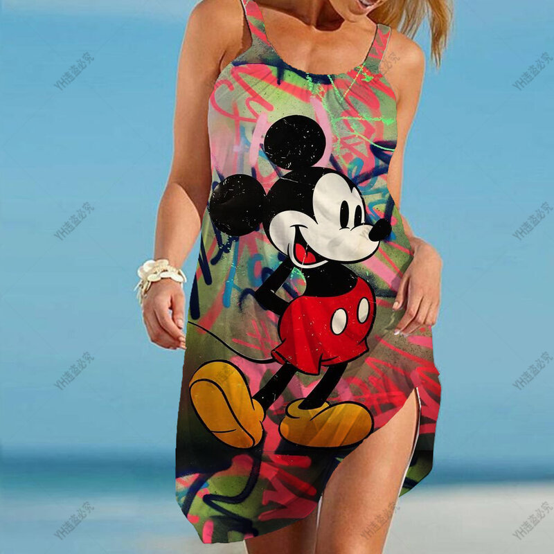Spaghetti Strap Casual Clothing for Female Ladies Summer Beach Sexy Sleeveless Sundress for Women Mickey Mouse Print Dresses