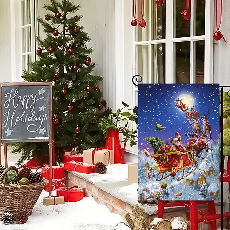 1Pc Elanden Slee Sneeuwpop Patroon Vlag, Kerst Dubbelzijdig Bedrukte Tuinvlag, Boerderij Tuin Decoratie, Exclusief Vlaggenmasten