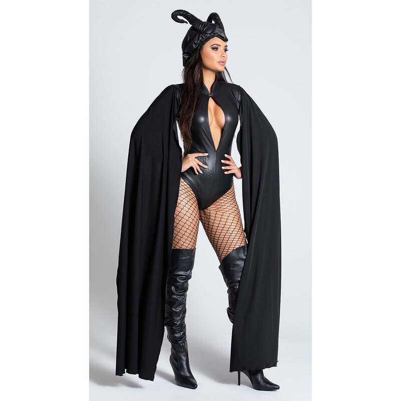 Costume da strega Cosplay tutina in ecopelle nera da donna di Halloween