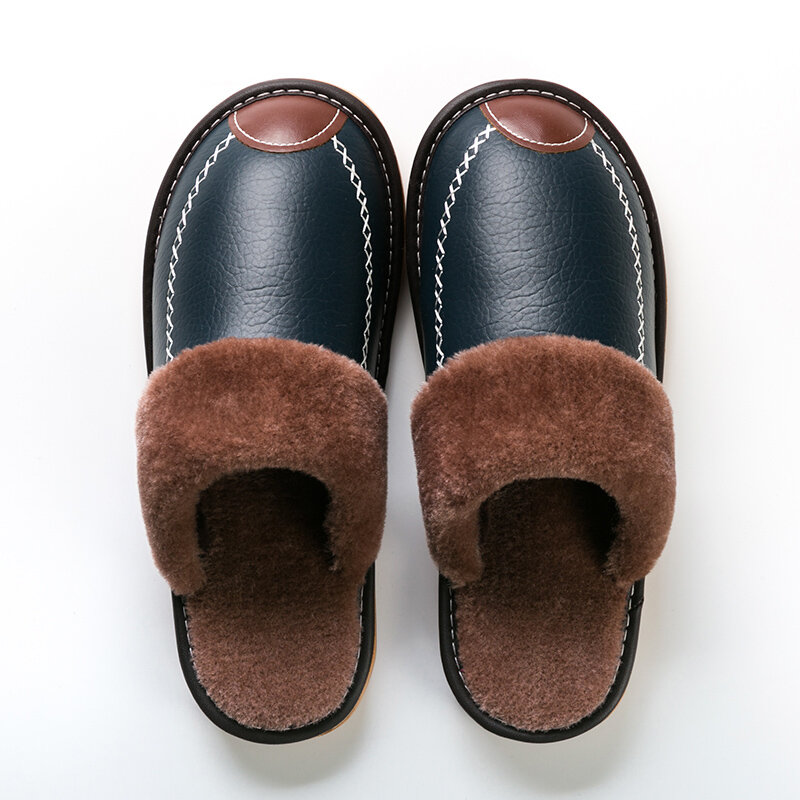ผู้ชายรองเท้าแตะสีดำฤดูหนาวใหม่PUหนังรองเท้าแตะรองเท้าแตะในร่มกันน้ำบ้านรองเท้าผู้หญิงรองเท้าแตะหนัง