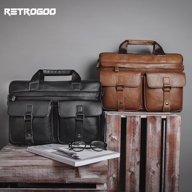 RETROGOO – mallette d'affaires en cuir de vachette pour hommes, sac de bonne qualité, sac de bureau pour ordinateur portable 15.6 pouces, format A4 décontracté