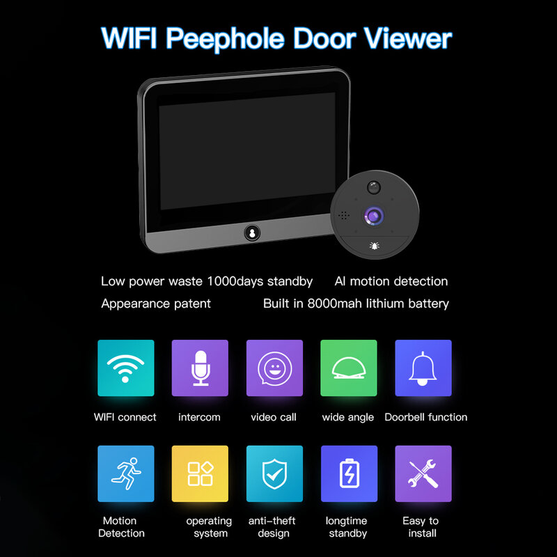 Tuya Smart Life Home Digital Door Viewer, WiFi Peephole Doorbell, Câmera de olho, Anúncio Alexa, Bateria 8000mAh, 4.3 ", 1080p