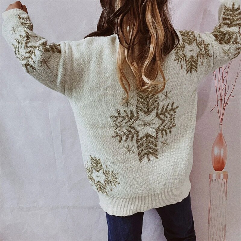 Suéter estampado de Natal feminino, manga comprida casual, pulôver com gola O, suéter de retalhamento feminino solto, moda outono, 2022