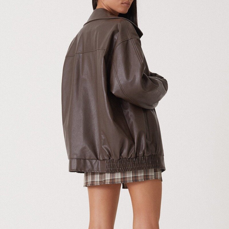 Осень 2024 женское кожаное пальто с лацканами Женская куртка из искусственной кожи популярный топ в локомотивном стиле