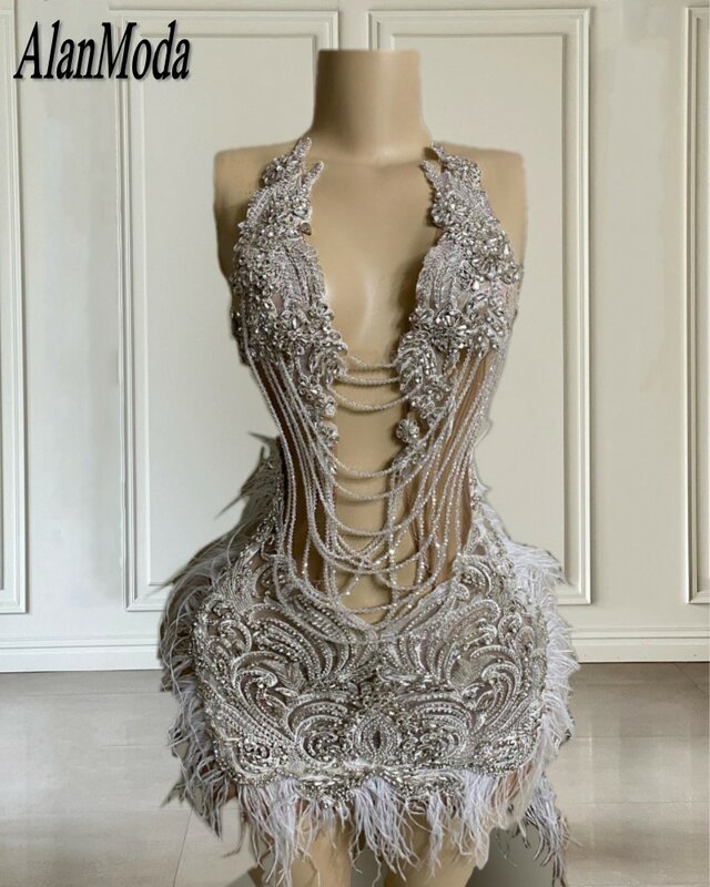 Мини-платье на день рождения для женщин, Роскошные Короткие платья для выпускного вечера с кристаллами и перьями, женское платье с лямкой на шее, 2024