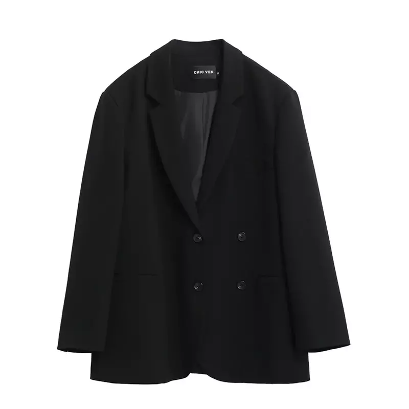 CHIC VEN-Blazer de trespassado duplo de manga comprida feminina, casaco casual de comprimento médio, casacos femininos, blusa elegante, escritório, 2021