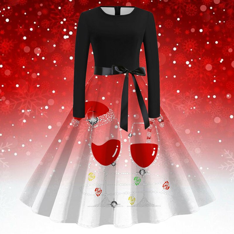 Damska świąteczna sukienka z długim rękawem z nadrukiem zwiewna sukienka w stylu Vintage koktajlowa, balowa bluzka wyjściowa letnia mała sukienka dla kobiet
