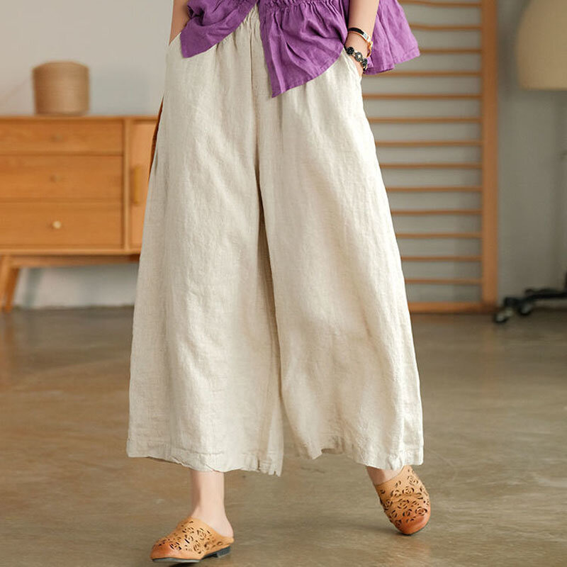 Casual Simplicity Summer Solid Color Wide Leg Pants Stylish Women's Clothing Elastic Waist Pockets Loose Vintage Cropped Pants