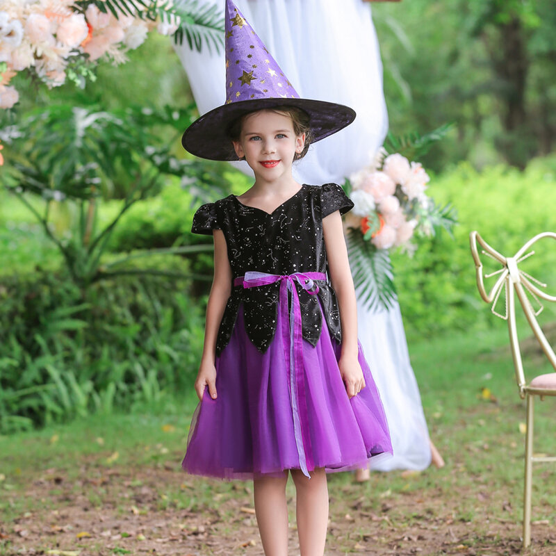 3〜12歳の女の子のためのハロウィーンの変装,コスプレの変装,帽子付きベルベットメッシュのイブニングドレス