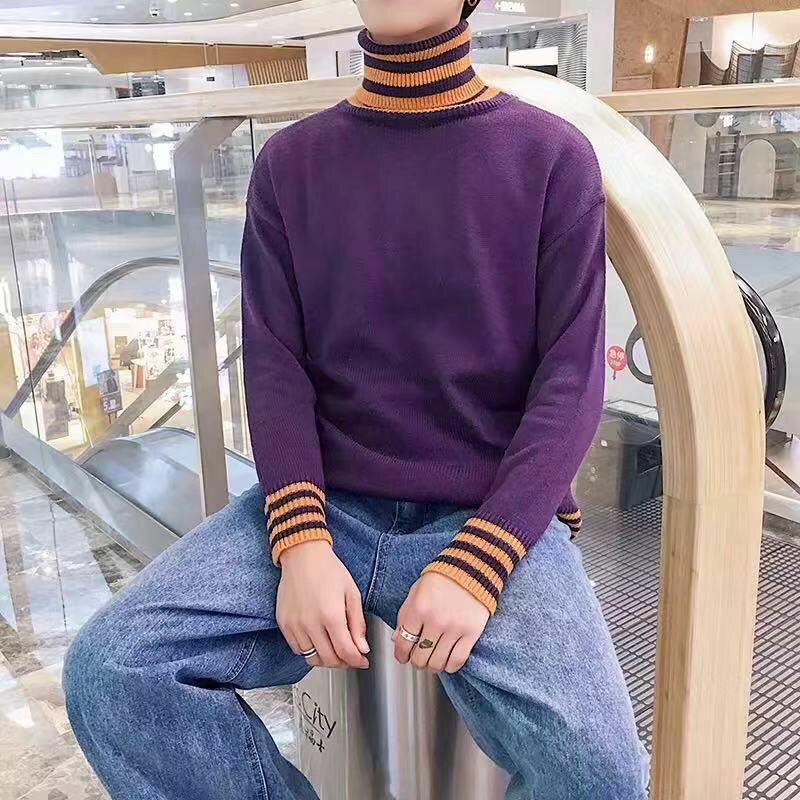 Fashion Turtleneck Knitting Spliced All-match Striped Sweater Men's Clothing 2022 Autumn NeW Korean Pullovers Loose Casual Tops