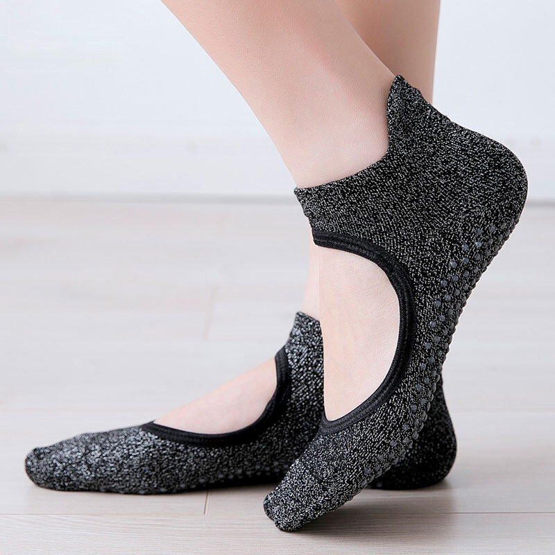 เงินโยคะโยคะถุงเท้าผู้หญิงฟิตเนส Backless Non-Slip Grips Breathable Cotton Pilates บัลเล่ต์เต้นรำ Barefoot ถุงเท้าออกกำลังกาย