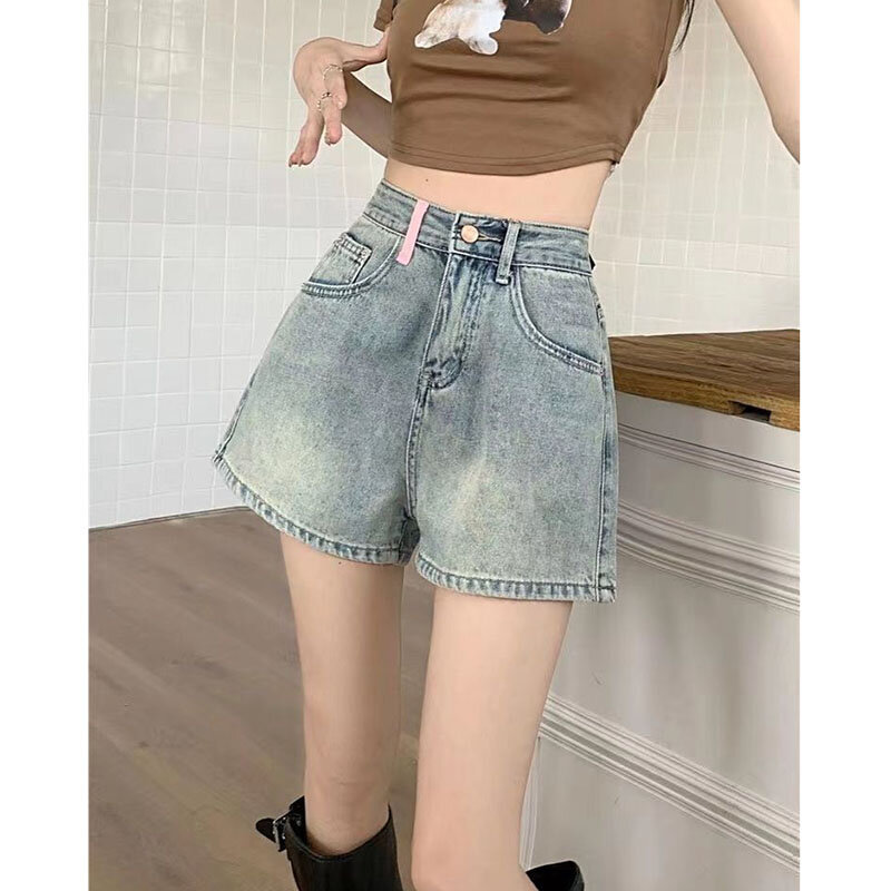 Celana pendek Denim, desain Korea musim panas baru dengan rumbai bordir, celana panjang kaki lebar pinggang tinggi serbaguna untuk siswa