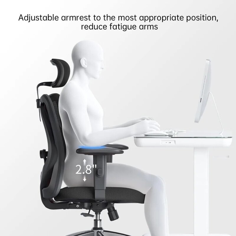 Kursi kantor ergonomis untuk orang besar dan tinggi, sandaran kepala dapat disesuaikan dengan sandaran tangan 2D, penopang Lumbar dan roda PU miring