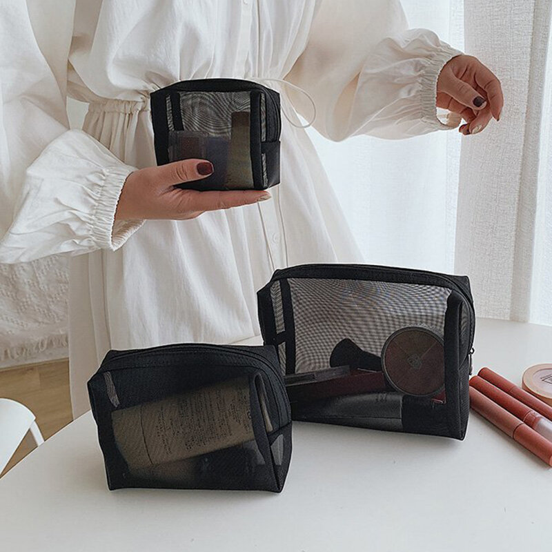 Tas Kosmetik Transparan Hitam Tas Makeup Jaring Jernih Kantung Penyimpanan Lipstik Organizer Portabel Tas Perlengkapan Mandi untuk Perjalanan