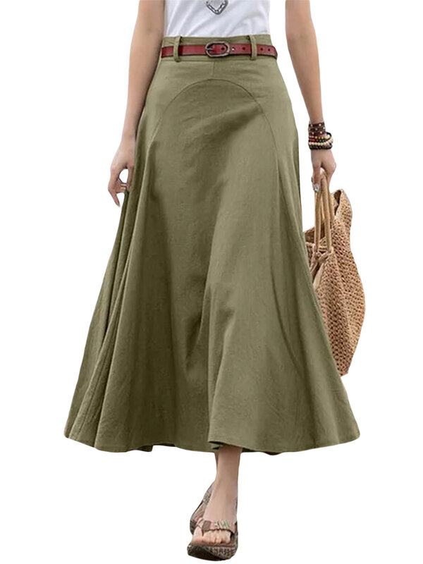 Falda larga acampanada de cintura alta para mujer, faldas Midi Vintage, informal, sólido