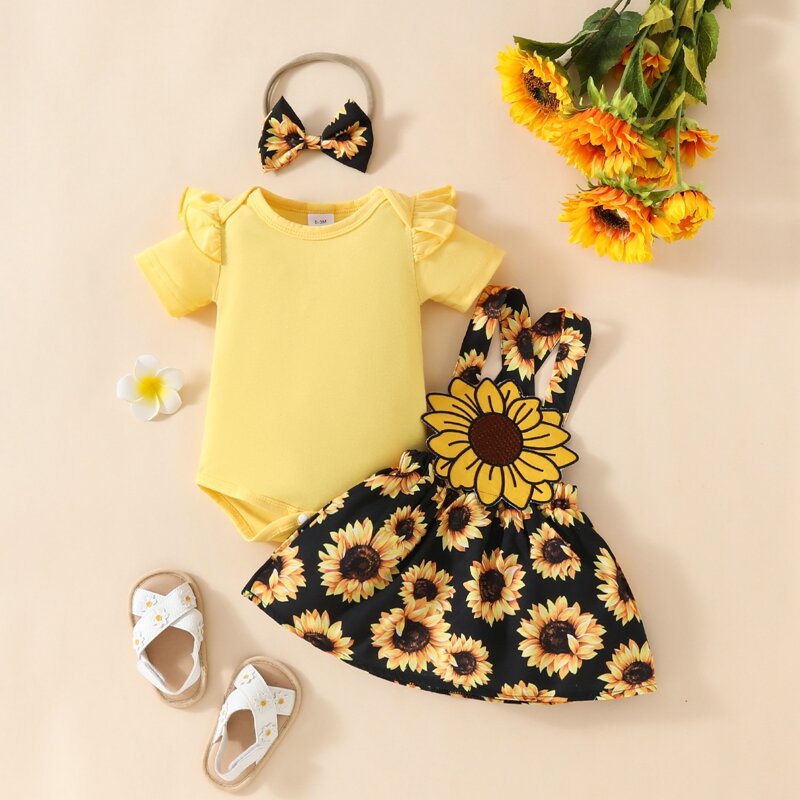 Trajes de primavera para niñas pequeñas, Pelele de manga corta, falda con tirantes de girasol y Diadema, conjunto de ropa para recién nacidos, 3 piezas