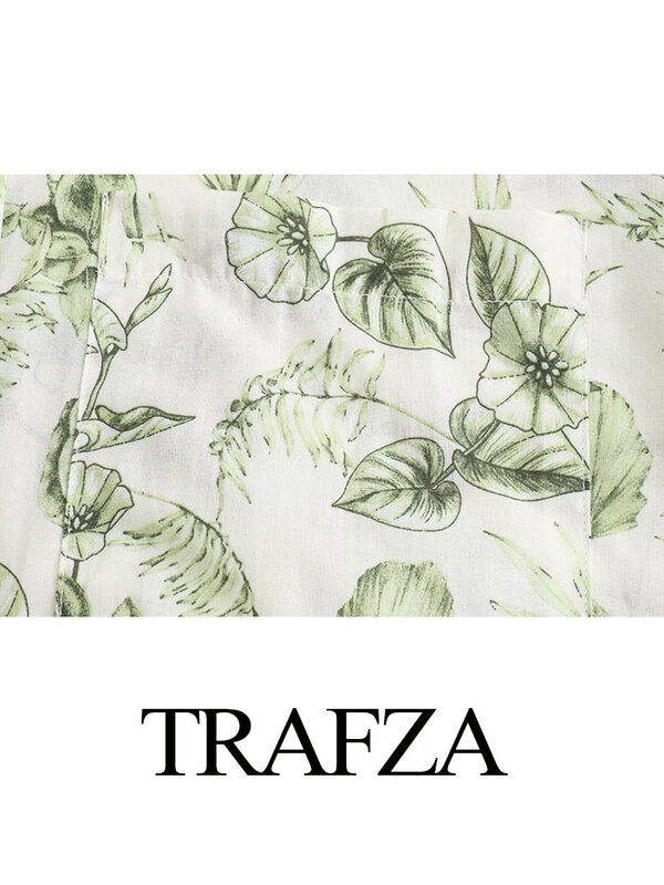 TRAFZA Women 2 Piece Set Print Lapel Single-Breasted Pocket Decorate Shirt Top+Elegant Chic High Waist Drawstring Loose Trousers