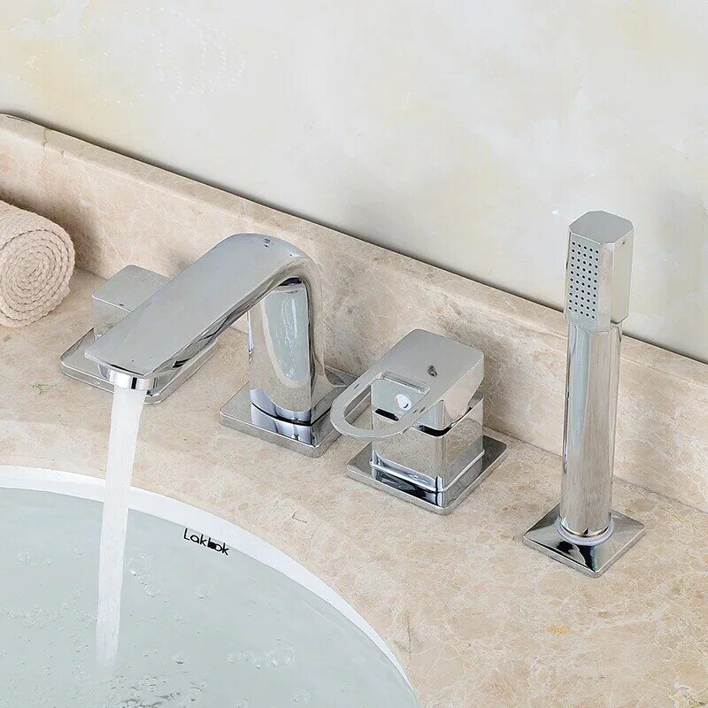 Torneira de banheira portátil de parede, torneira da bacia, torneira misturadora, água fria e quente, chuveiro de mão, deck, 4PCs