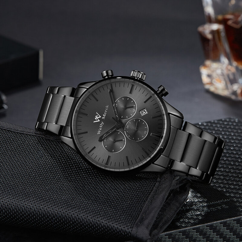 Welly Merck 남성용 비즈니스 패션 시계, 스테인레스 스틸, 방수 자동 날짜 크로노그래프, TMI VD33 쿼츠 시계