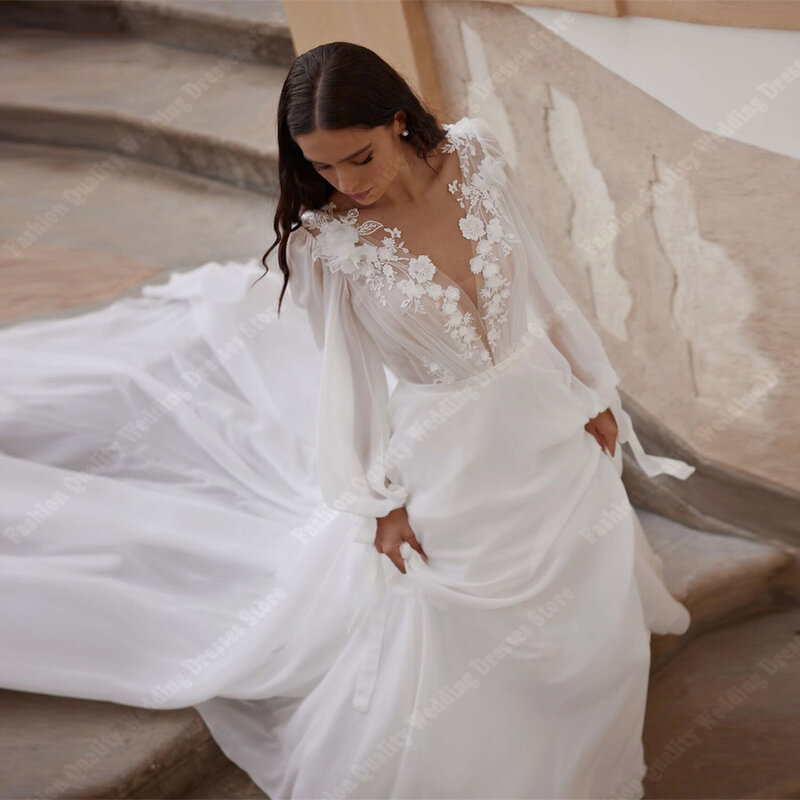 Shining Chiffon Women Wedding Dresses Fluffy Long Sleeves A-Line Bridal Gowns 2024 Bright Printing Princess Vestidos De Novias