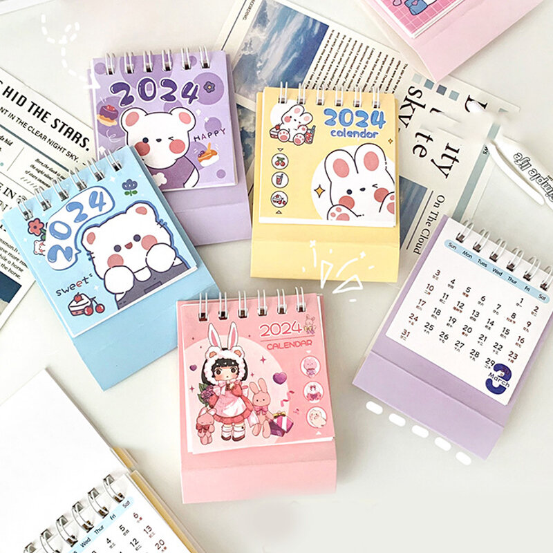 Маленький настольный мини-календарь 2024, милый мультяшный аниме-календарь для девочек на новый год, портативный креативный календарь, ежемесячное украшение для офиса