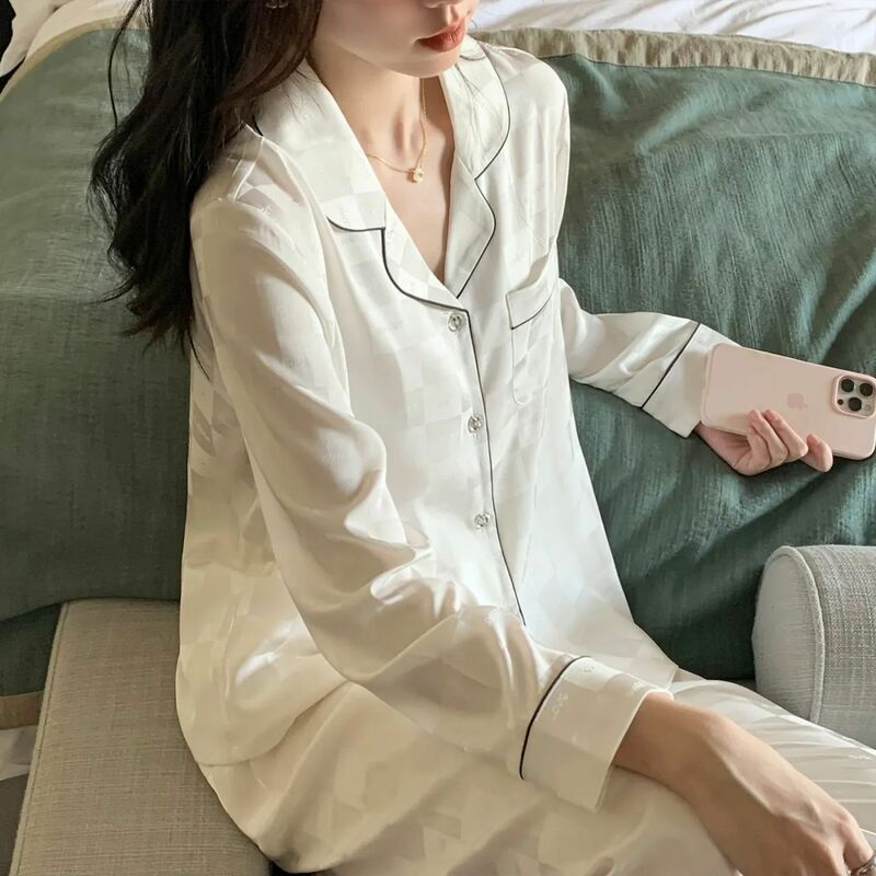 Pajamas for Women luxury long sleeve pijamas silk plue size 5xl turn-down collar pyjamas Women Sleepwear Suit Homewear