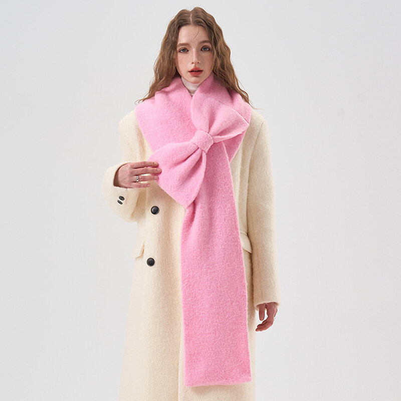 Шарф ручной работы с розовым бантом, Мягкая шерстяная мохеровая кашемировая зимняя утепленная шаль, шейный теплый шарф, женские аксессуары для подарка на день рождения