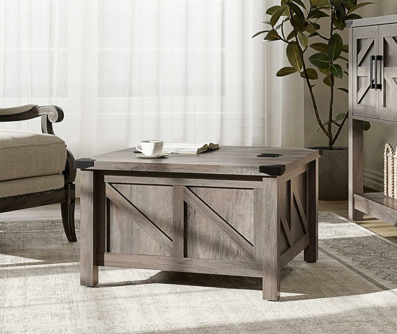 โต๊ะกาแฟ wampat Square, โต๊ะศูนย์บ้านไร่แบบชนบทพร้อมลิฟต์ด้านบนและที่เก็บของสำหรับห้องนั่งเล่น, 30 "x 30", ล้าง Grey