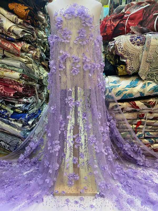 NigWin-Tissu de dentelle perlée avec fleur, tissu de tulle brodé 3D, tissu africain pour robes de soirée de mariage, jaune, 5 mètres