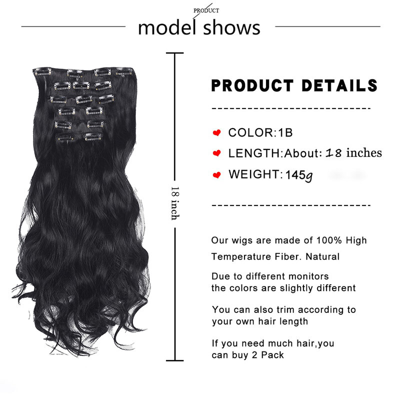 Extensiones de cabello ondulado con Clip para mujer y niña, pelo sintético multicolor de 45,72 cm, 6 piezas, doble trama, resistente al calor