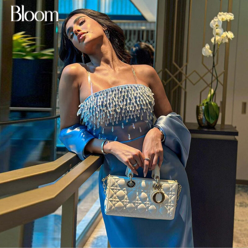Bloom-サテンのフォーマルなイブニングドレス,ケープ付き,透明なショルダーストラップ,プロムドレス,ウェディングドレス,クリスタルビーズ