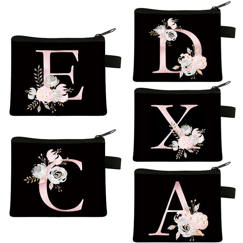 Rosa carta flor impressão bolsa bonito portátil zíper chave saco de armazenamento pequeno fresco lona com zíper crianças moeda bolsa embreagem