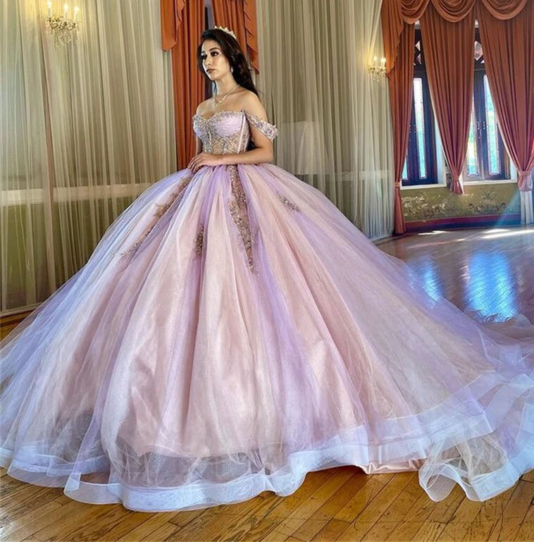 핑크 프린세스 퀸시네라 드레스, 볼 가운, 오프 숄더, 얇은 명주 그물 아플리케, 스위트 16 드레스, 15 아뇨 커스텀