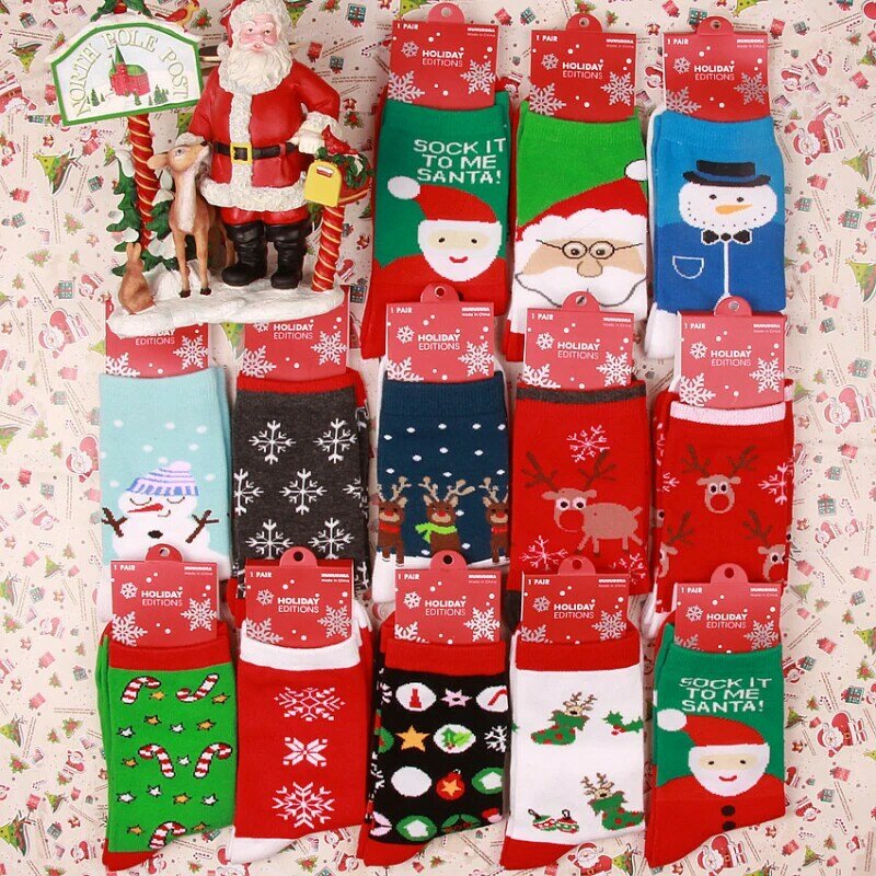 Calcetines de algodón de copo de nieve de Papá Noel y alce, calcetines de tubo medio, pareja de Navidad