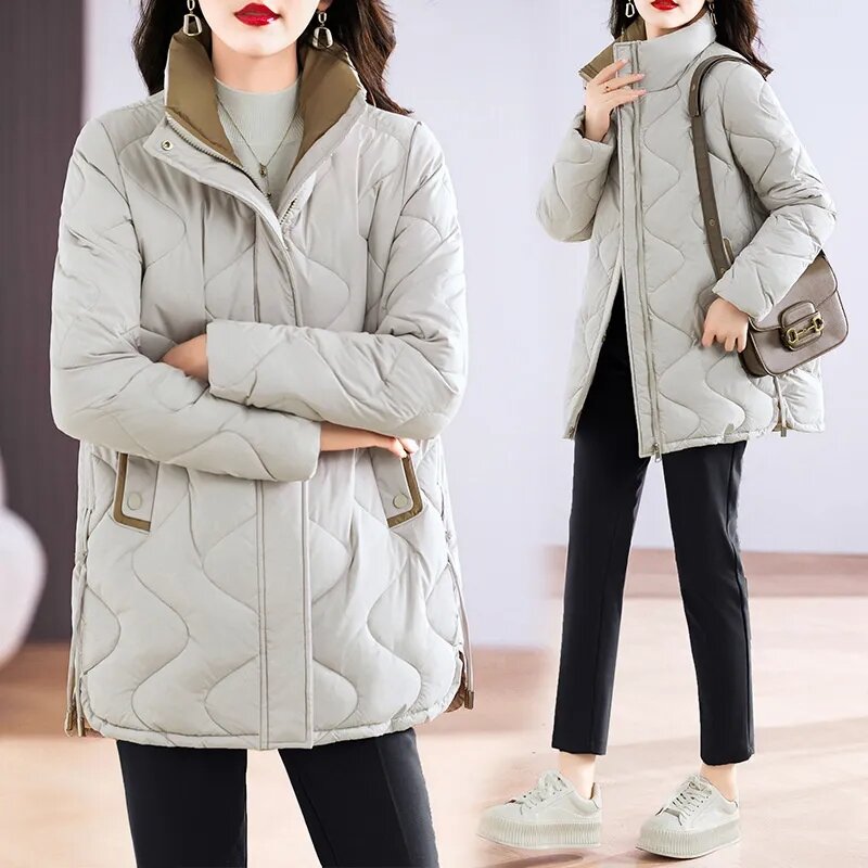 2023 New Mid length Winter Standing Collar Jacket Women Parkas Down Cotton Overcoat Female Casual Thick Warm Windproof Jackets