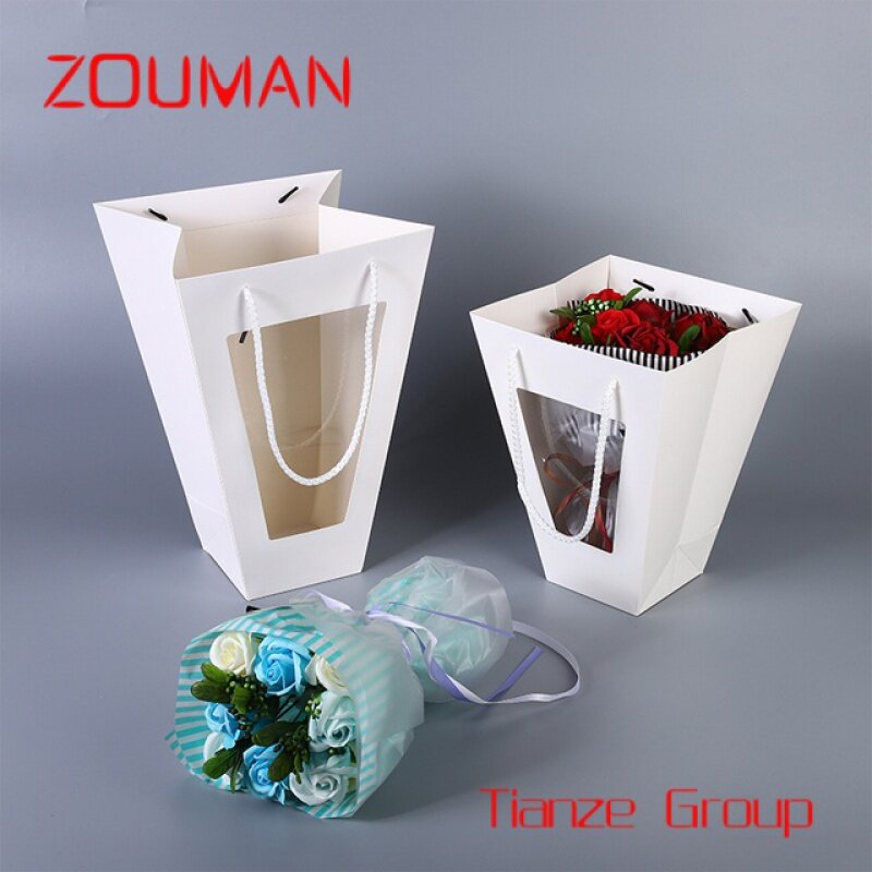 Confezione regalo floreale personalizzata borsa per il trasporto in carta kraft il tuo logo borsa per fiori con fondo quadrato trasparente con finestra