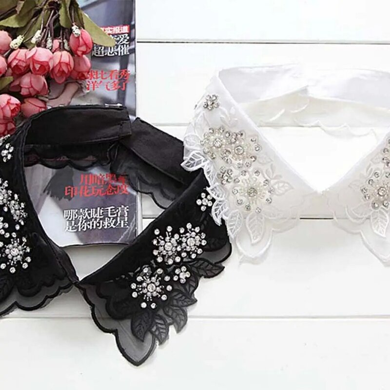 Black/white Women Pearl Cotton Leaves Rhinestone Shirts Collars Lace Fake Neckline Fake Collar