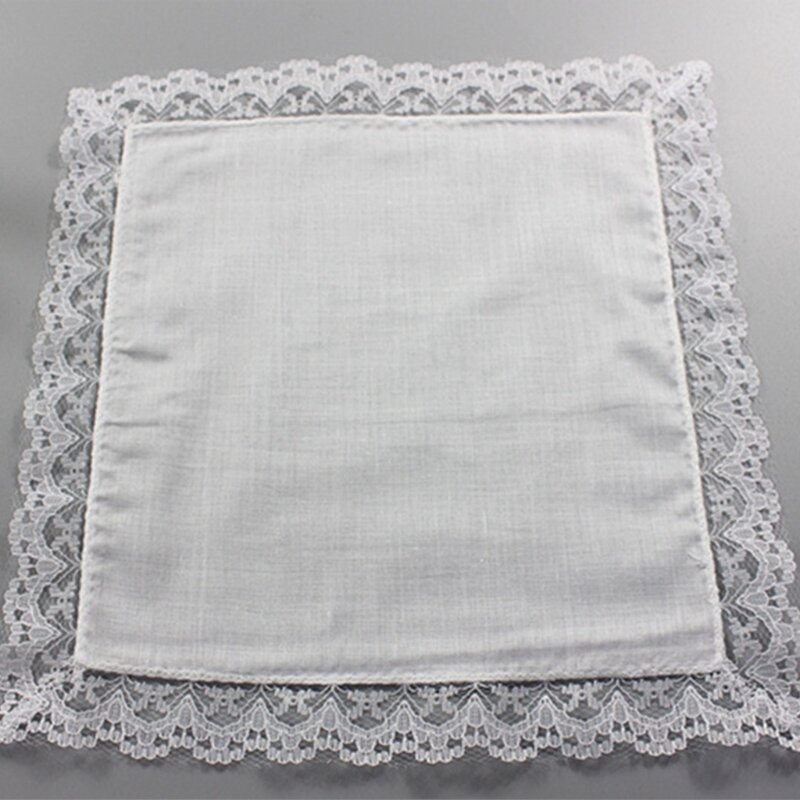 23x25cm Men Women Cotton Handkerchiefs Solid White Hankies Pocket Lace Trim Towel Diy Painting Handkerchiefs for Woman