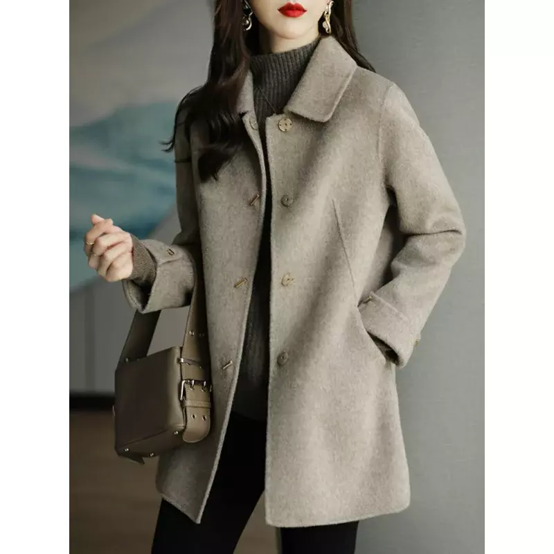 Woolen Coat Slim Fashion Office Lady Square Collar Single Breasted Winter Coats for Women 2023 Wide-waisted Pocket Black Coat