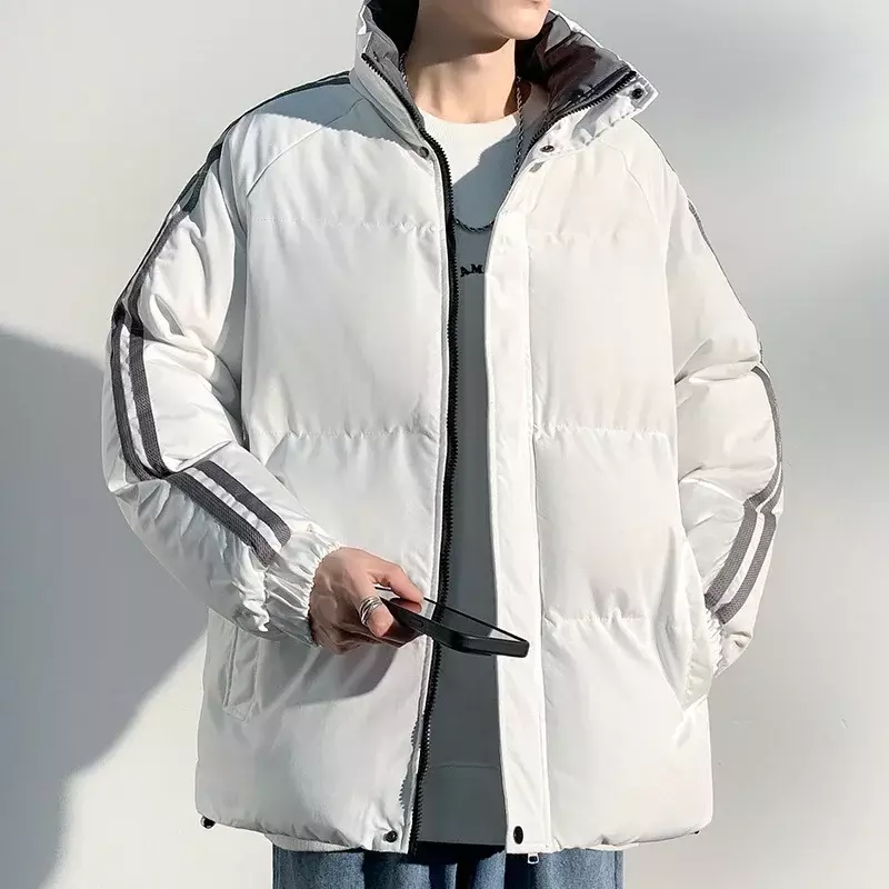 Jaqueta de blusão de algodão acolchoada masculina, jaqueta casual de parka, casacos masculinos listrados laterais, outwear coreano, quente, novo, inverno, 2023