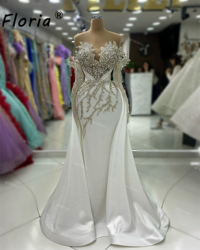 Lindo Dubai manga comprida vestido de casamento, trem destacável, 3D Crystal Applique, sereia, vestidos para ocasiões formais, festa de noivado