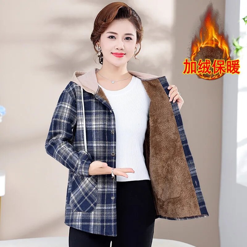 Frühling Herbst Winter hinzufügen Samt koreanische lässige Plaid mantel Strickjacke Kapuze lose Langarmhemd Jacke Damen Oberbekleidung 2024