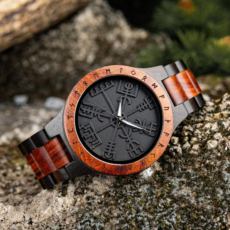 Men's wooden quartz wristwatches with engraved viking pattern, personalized for men; gift, bracelet for men