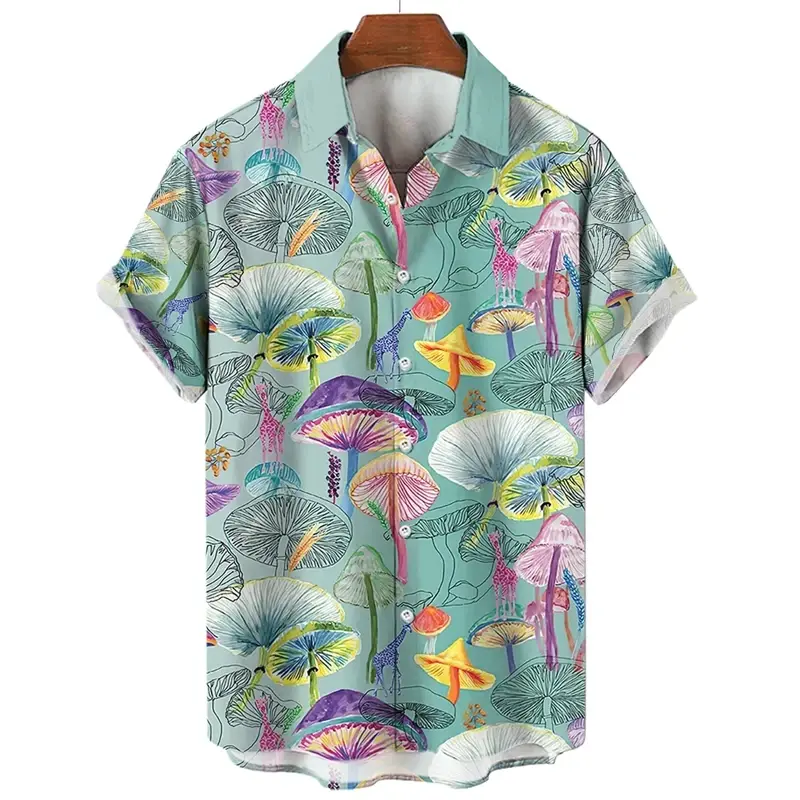 Fashionable 3D mushroom printed shirt for men's clothing, fun animal dog pattern short sleeved Hawaiian beach shirt, holiday Y2K