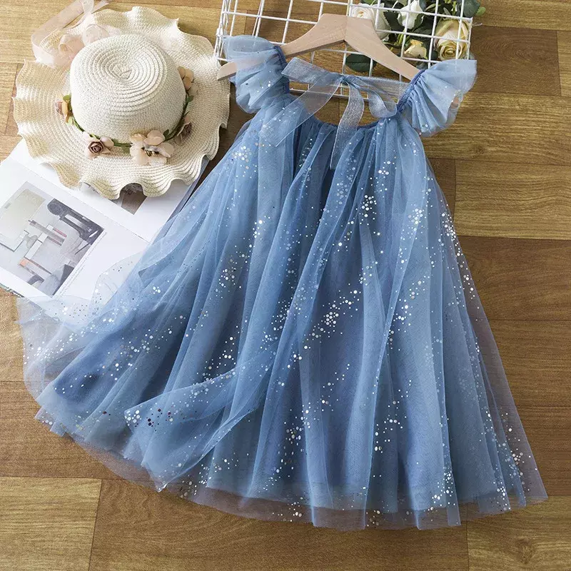 Letnia dziewczęca sukienka księżniczki śliczna siateczkowa włochata spódnica dla dzieci bez rękawów do kolan w kształcie sukienki na ślub
