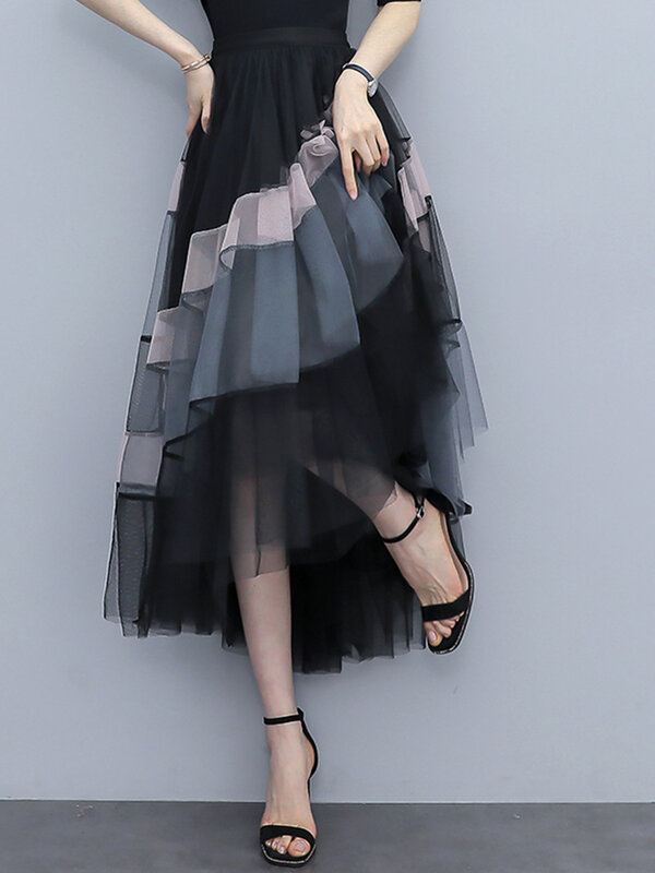 Fashion Patchwork Tulle Long Skirt Women 2023 Spring Summer Elegant High Street Mesh High Waist Pleated Midi Skirt Female