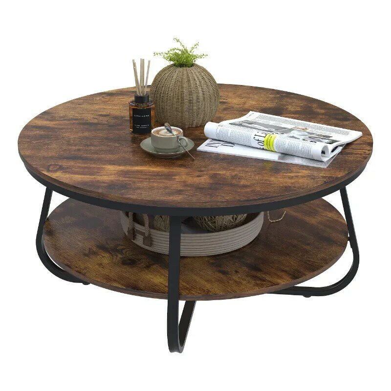 Mesa de centro redonda com armazenamento aberto, mesa rústica do acento com pés resistentes do metal, mesa de madeira do sofá para a sala, 38,5"