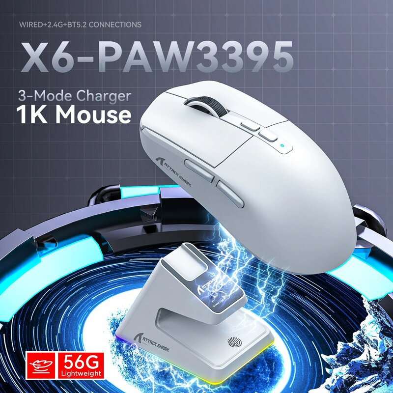 X6 Lightweight Wireless Gaming Mouse with 3 Mode Wired 2.4G BT5.2 Up to 26K DPI RGB Backlight Charging Base for Laptop Deskbtop