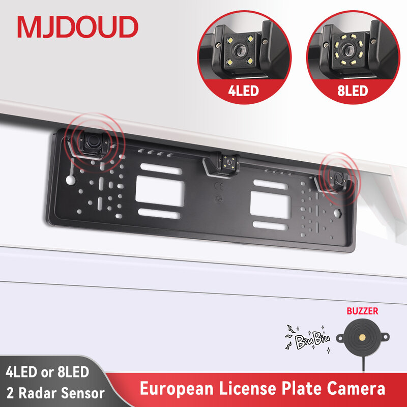 MJDOUD 12V 4/8 LED Car Rear View Camera with Radar Sensor for Parking European License Plate Holder Frame Universal Accessories
