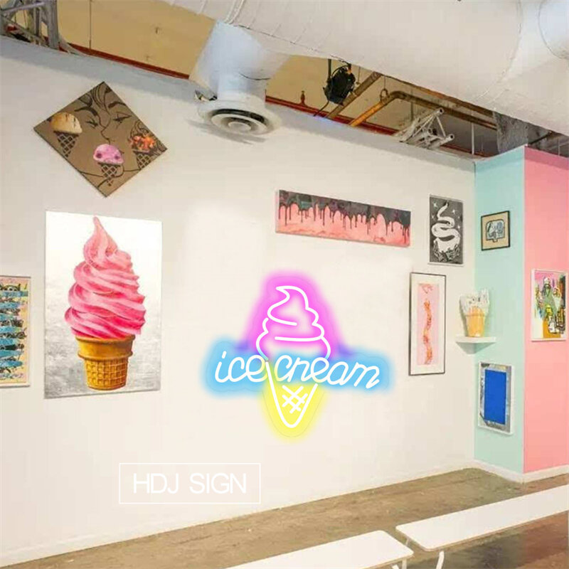 ไฟนีออน LED ติดผนังป้ายไอศกรีมไฟนีออนสำหรับร้านกาแฟชานมตกแต่งผนังของขวัญฤดูร้อนไฟนีออน Led